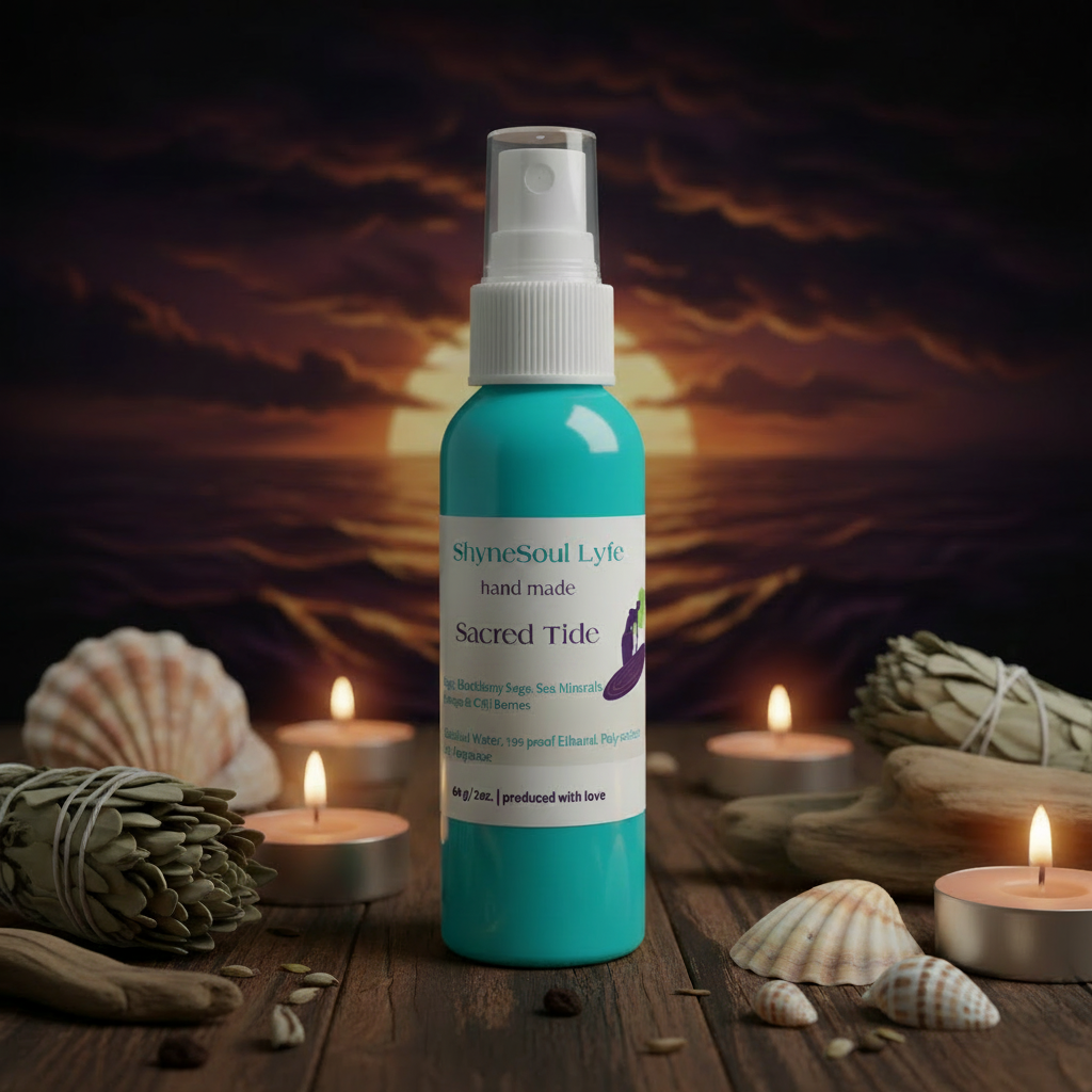 Sacred Tide Air Mist with label in moody apothecary setting