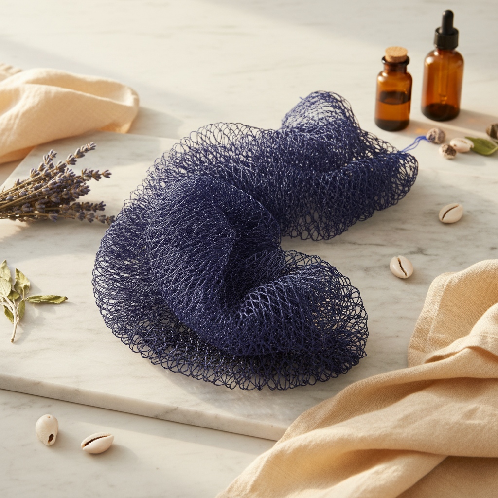 Navy blue African net sponge styled apothecary photo