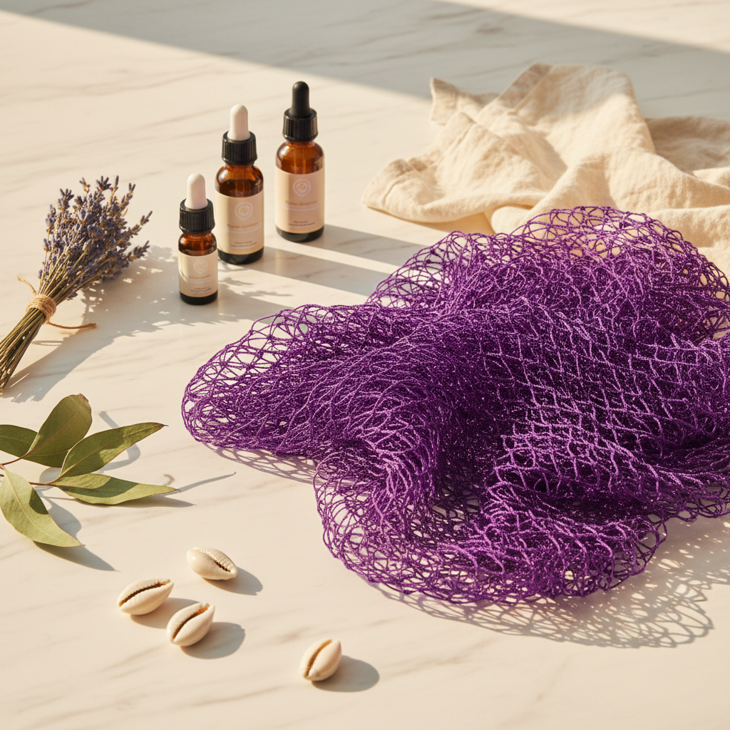 Purple African net sponge styled apothecary photo
